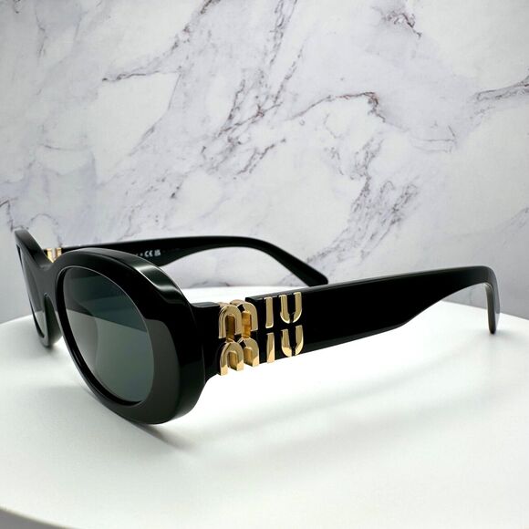 New MIU MIU Sunglasses Black Acetate Oval Gold Metal Logo Authentic Italy main image 7